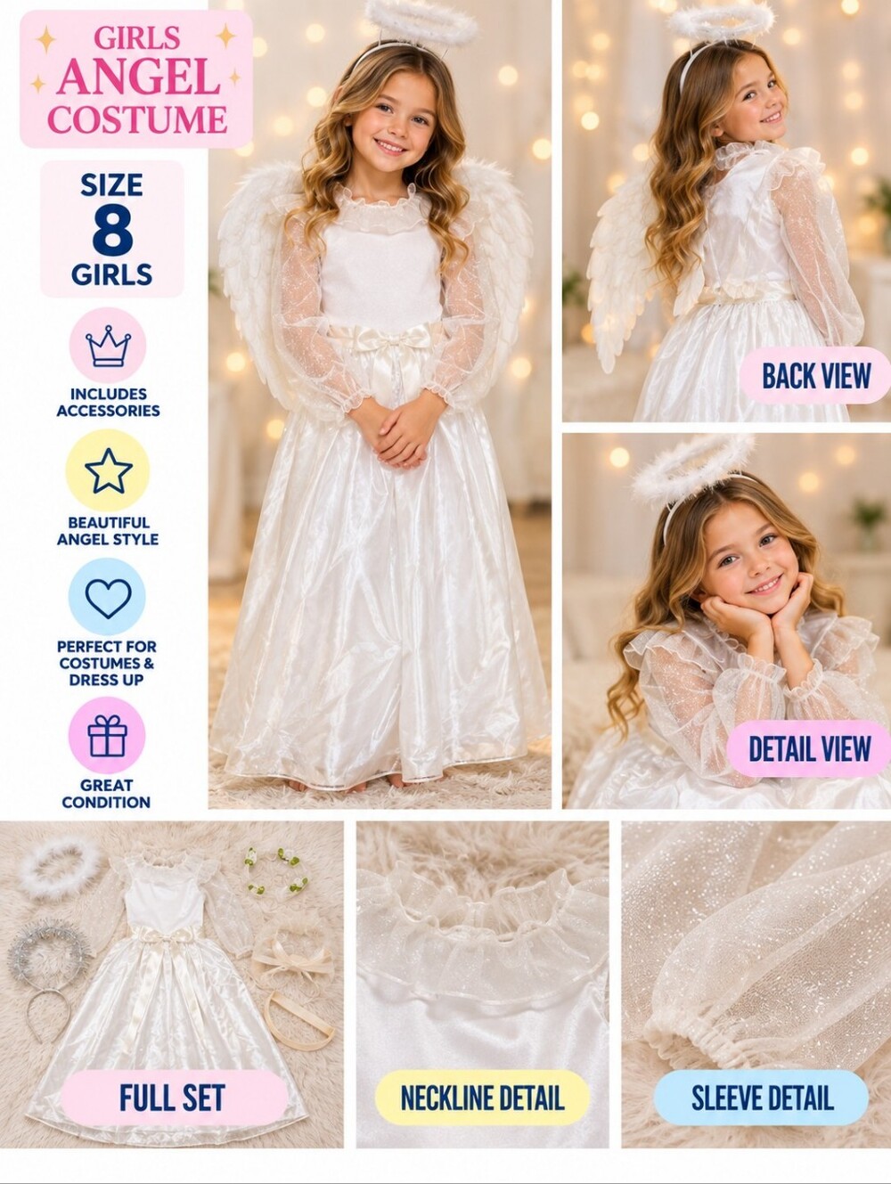 New girls size 8 angel costume with accessories #01